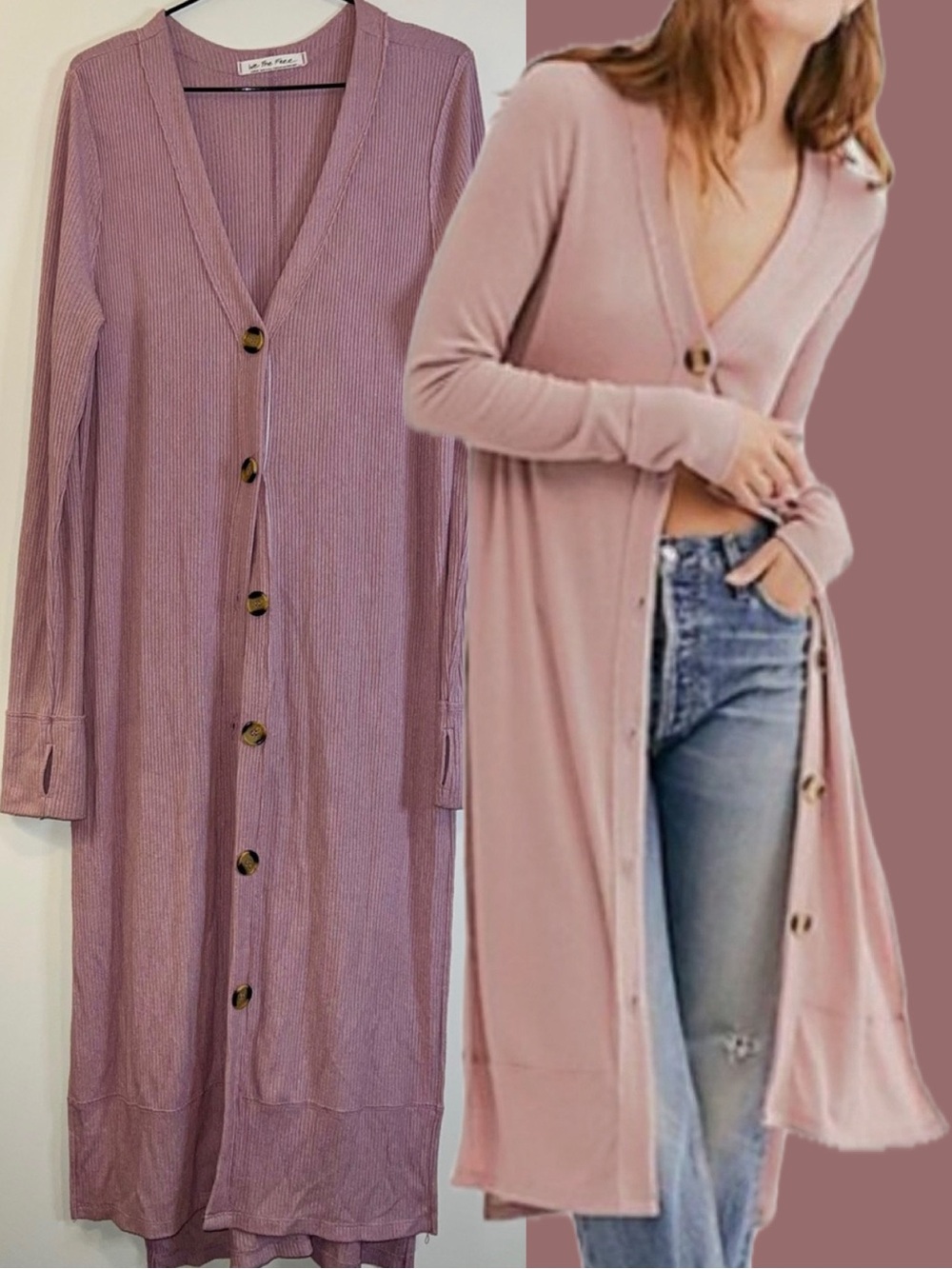 Free People Perfect Match longline cardigan long ribbed Pink Size L